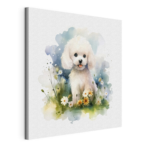 Canvas Schilderijen Witte hond zittend in een veld vol bloemen