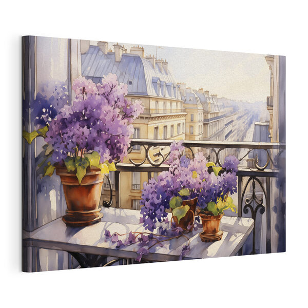 Aquarel van een balkon met paarse bloemen Canvas Schilderijen Aquarel van een balkon met paarse bloemen