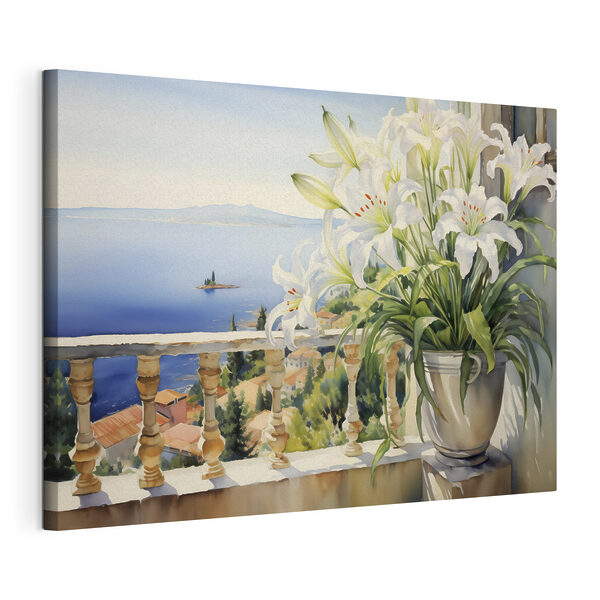 Canvas Schilderijen Schilderij van een balkon met uitzicht op een stad en een zee (Artikelnummer: s39932) Canvas Schilderijen Canvas Schilderijen Schilderij van een balkon met uitzicht op een stad en een zee (Artikelnummer: s39932)