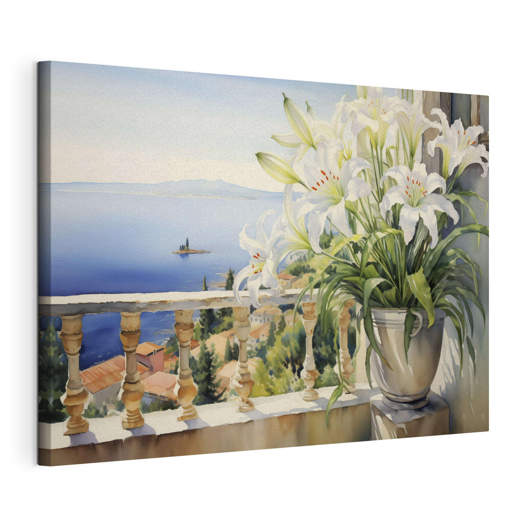 Painting of a balcony with a view of a city and a sea