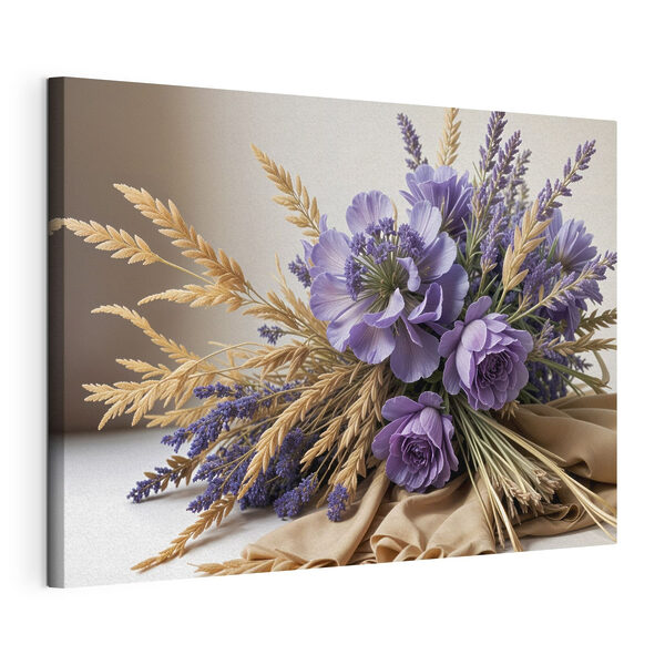 Boeket van paarse bloemen en tarwe Canvas Schilderijen Boeket van paarse bloemen en tarwe
