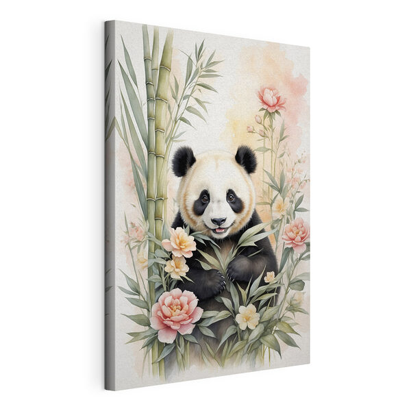Canvas Schilderijen Pandabeer met bloemen en bamboe (Artikelnummer: s40125) Canvas Schilderijen Canvas Schilderijen Pandabeer met bloemen en bamboe (Artikelnummer: s40125)