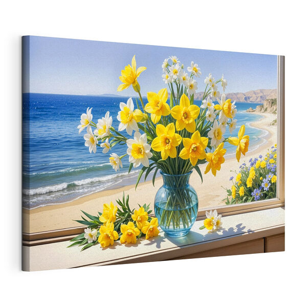 Canvas Schilderijen Vaas met gele en witte bloemen op een vensterbank