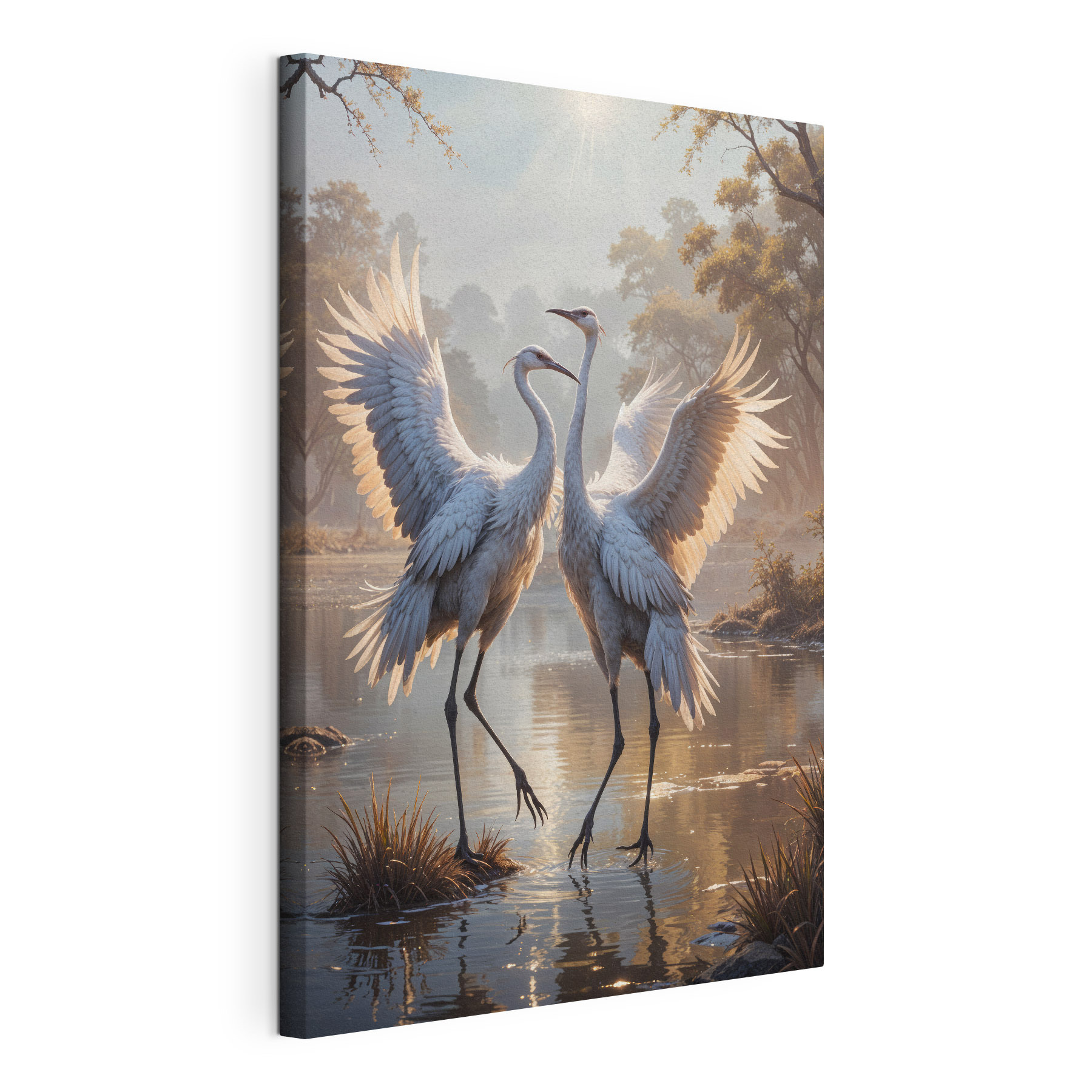 Couple of white cranes standing in a pond