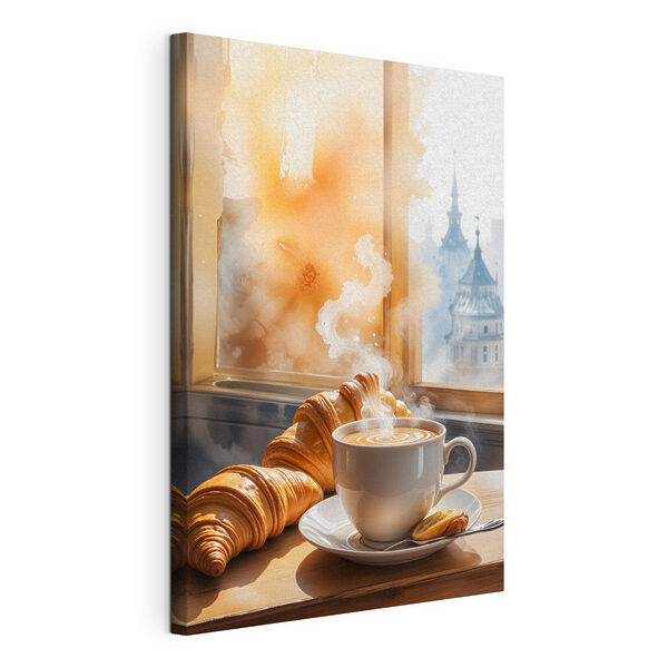 Canvas Schilderijen Canvas Schilderijen Kopje koffie en croissants op een tafel (Artikelnummer: s40405)