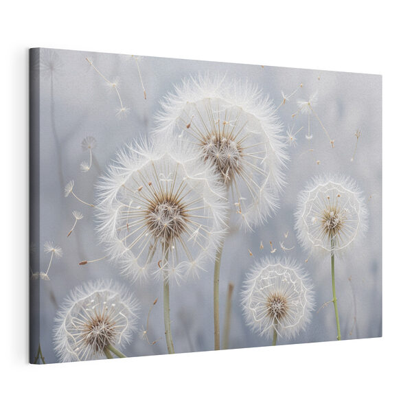 Canvas Schilderijen Groep paardenbloemen met vliegende zaden