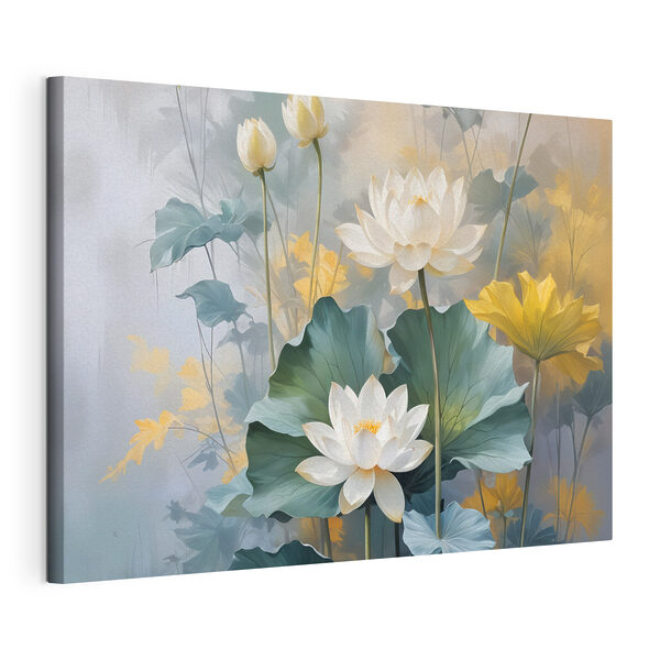 Schilderij van witte bloemen en groene bladeren Canvas Schilderijen Schilderij van witte bloemen en groene bladeren