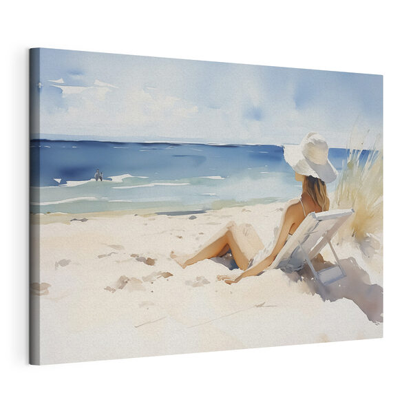 Canvas Schilderijen Vrouw zittend in een stoel op een strand (Artikelnummer: s40679) Canvas Schilderijen Canvas Schilderijen Vrouw zittend in een stoel op een strand (Artikelnummer: s40679)