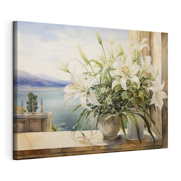 Canvas Schilderijen Schilderij van een witte bloempot met witte bloemen (Artikelnummer: s40682) Canvas Schilderijen Canvas Schilderijen Schilderij van een witte bloempot met witte bloemen (Artikelnummer: s40682)