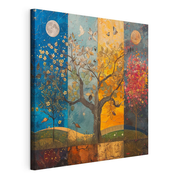 Schilderij van een boom met verschillende kleuren bomen en vogels Canvas Schilderijen Schilderij van een boom met verschillende kleuren bomen en vogels