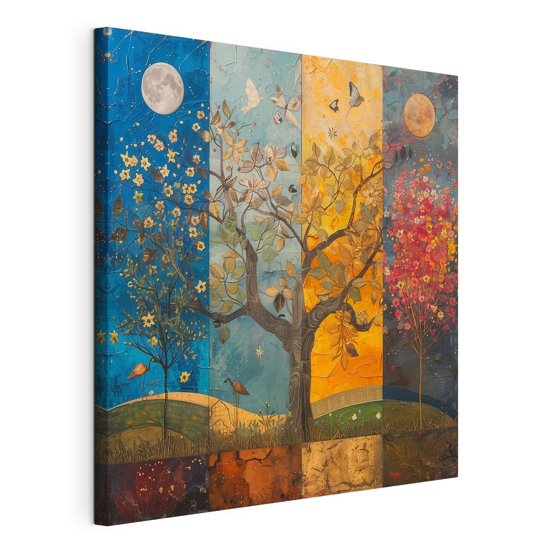 Painting of a tree with different colors of trees and birds Painting of a tree with different colors of trees and birds