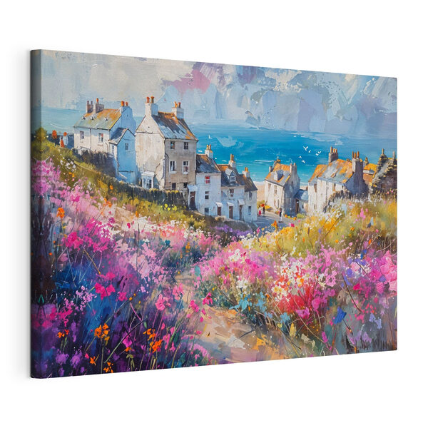 Schilderij van een dorp met bloemen Canvas Schilderijen Schilderij van een dorp met bloemen