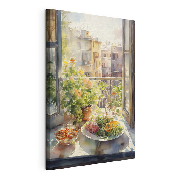 Canvas Schilderijen Aquarel van een tafel met eten en bloemen voor een raam (Artikelnummer: s41166) Canvas Schilderijen Canvas Schilderijen Aquarel van een tafel met eten en bloemen voor een raam (Artikelnummer: s41166)