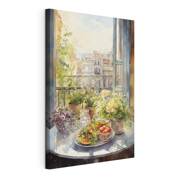 Aquarel schilderij van bloemen en fruit op een tafel voor een raam Canvas Schilderijen Aquarel schilderij van bloemen en fruit op een tafel voor een raam