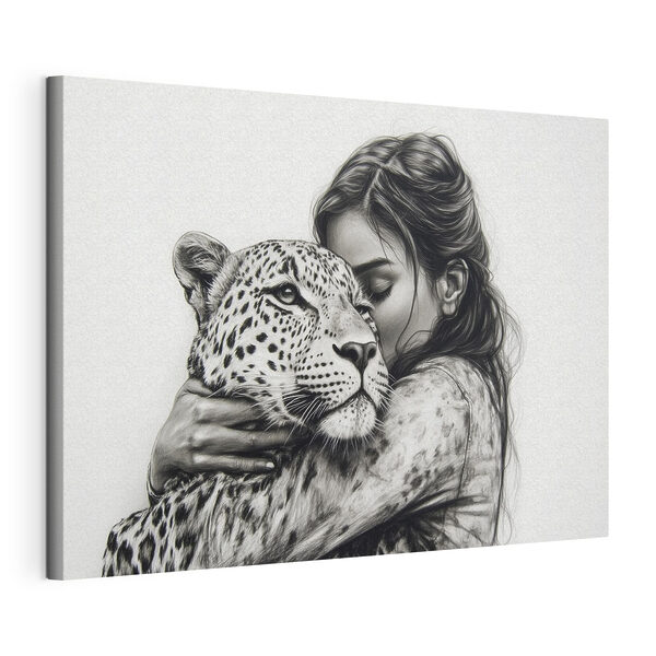Canvas Schilderijen Tekening van een vrouw die een luipaard knuffelt (Artikelnummer: s41455) Canvas Schilderijen Canvas Schilderijen Tekening van een vrouw die een luipaard knuffelt (Artikelnummer: s41455)