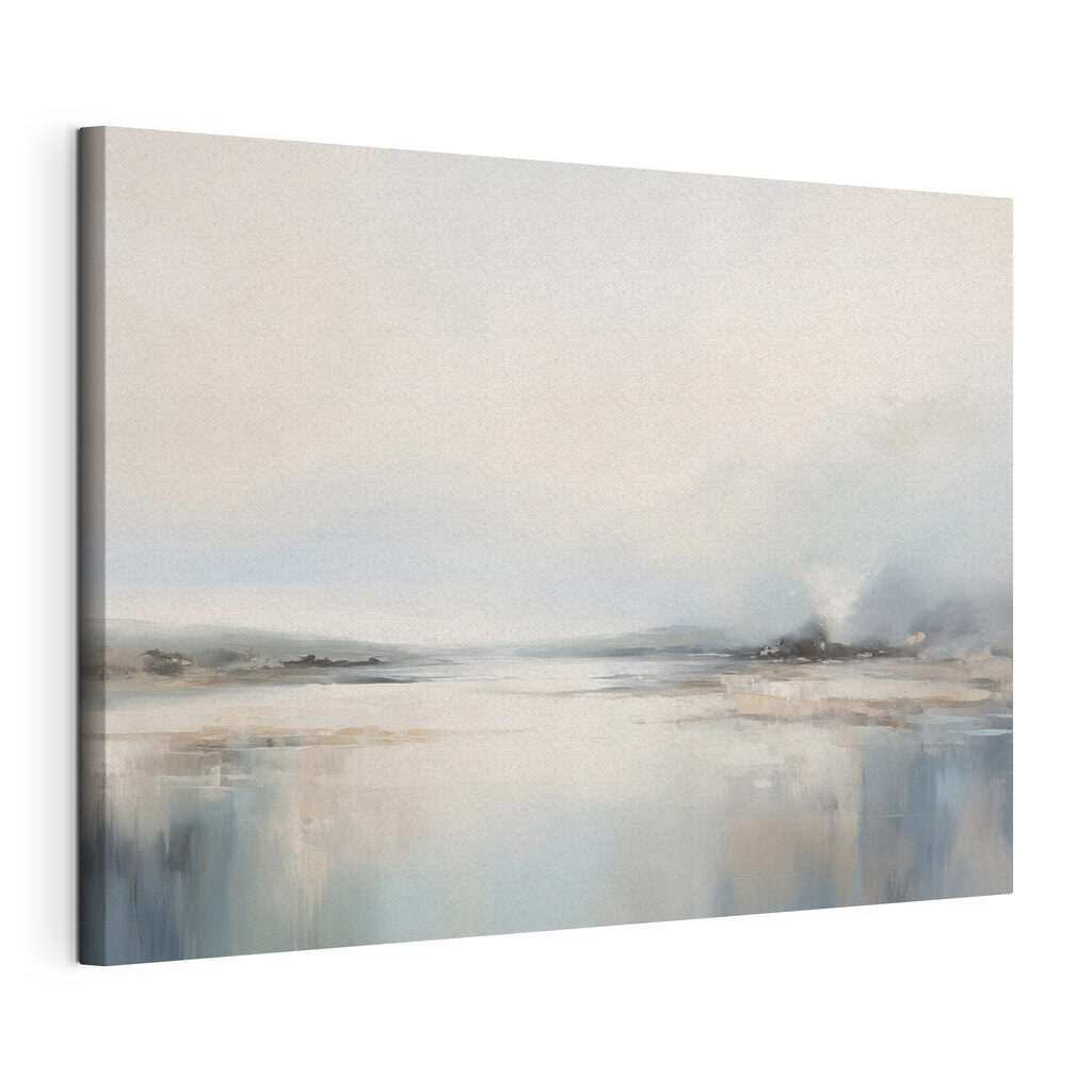 Painting of a landscape with a body of water and fog