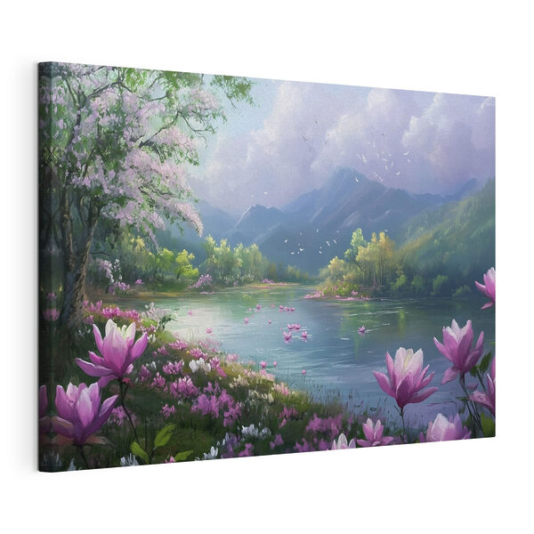 Rivier met bloemen en bergen op de achtergrond Canvas Schilderijen Rivier met bloemen en bergen op de achtergrond