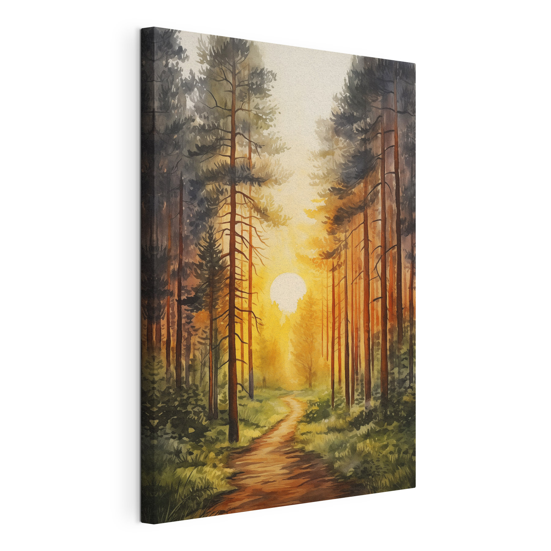 Painting of a forest with a path and trees