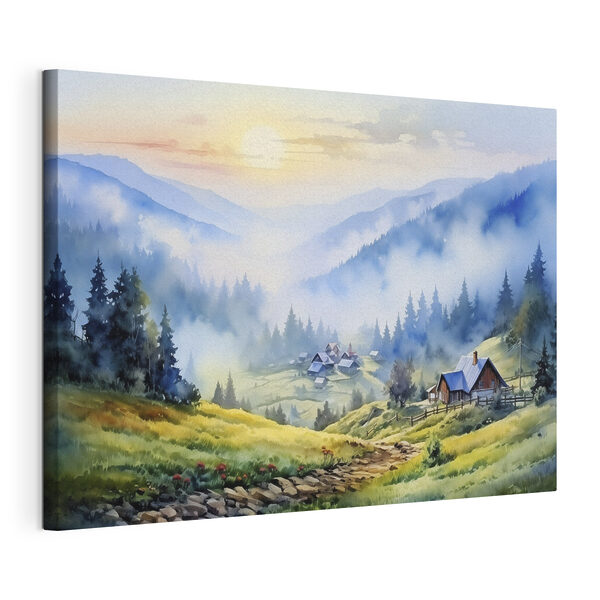 Schilderij van een dorp in de bergen Canvas Schilderijen Schilderij van een dorp in de bergen