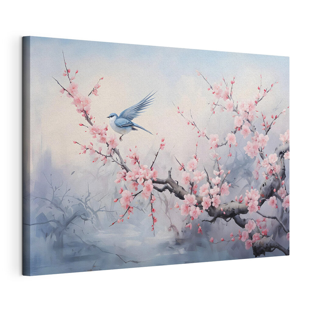 Bird on a branch with pink flowers