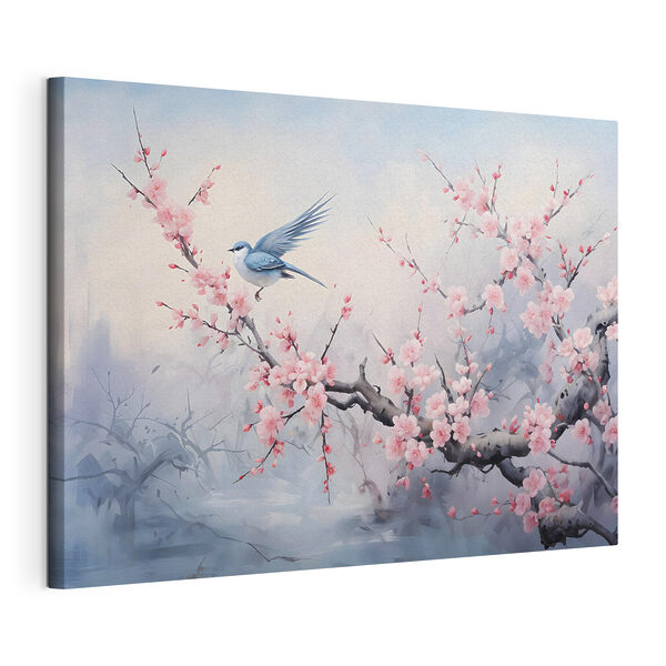 Canvas Schilderijen Canvas Schilderijen Vogel op een tak met roze bloemen (Artikelnummer: s41712)