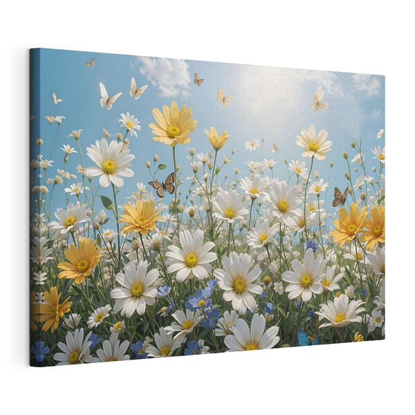 Groep vlinders vliegend over een veld met bloemen Canvas Schilderijen Groep vlinders vliegend over een veld met bloemen
