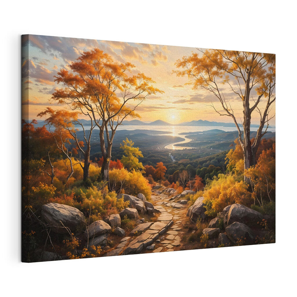 Path through a valley with trees and a river Path through a valley with trees and a river