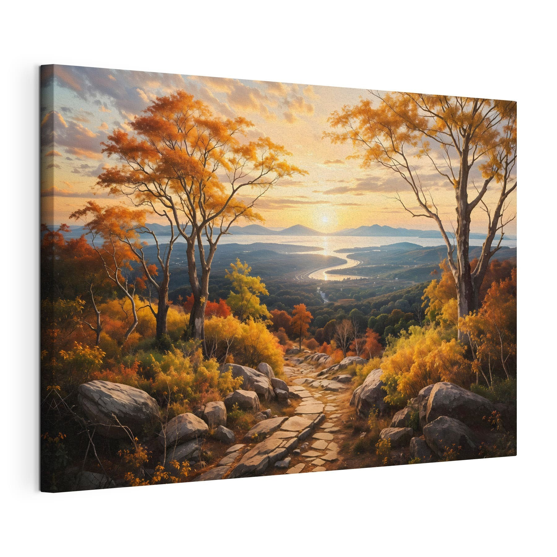 Path through a valley with trees and a river Path through a valley with trees and a river