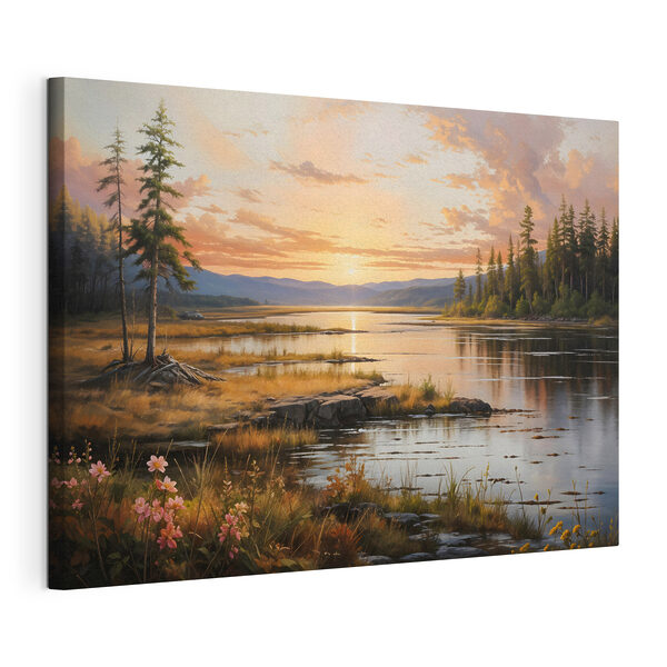 Canvas Schilderijen Landschap van een meer met een zonsondergang