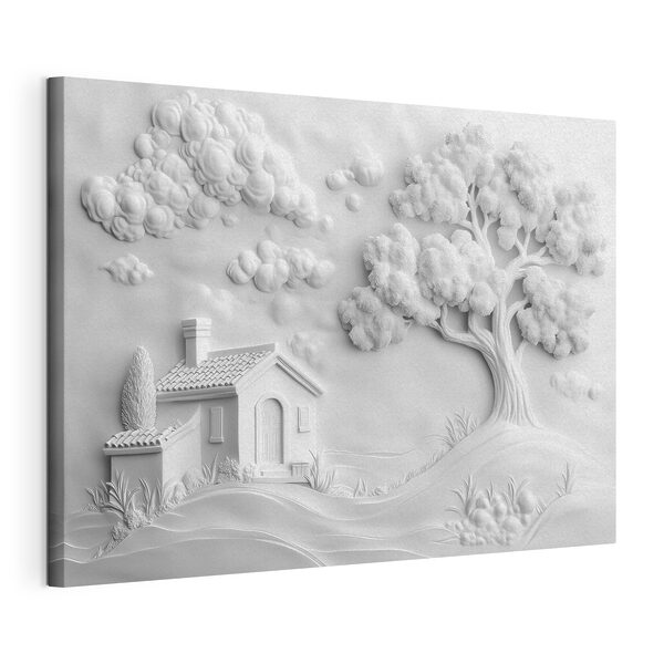 Canvas Schilderijen Witte muurkunst met een huis en boom (Artikelnummer: s41878) Canvas Schilderijen Canvas Schilderijen Witte muurkunst met een huis en boom (Artikelnummer: s41878)