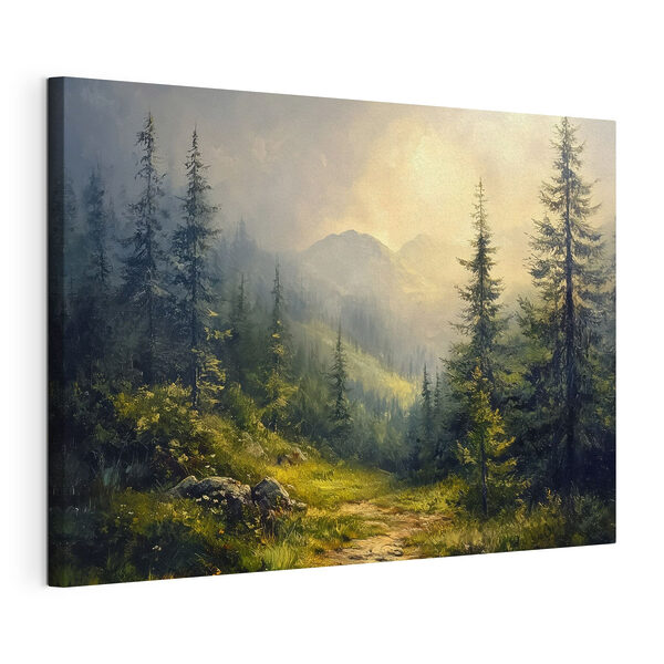 Schilderij van een bos met bergen en bomen Canvas Schilderijen Schilderij van een bos met bergen en bomen