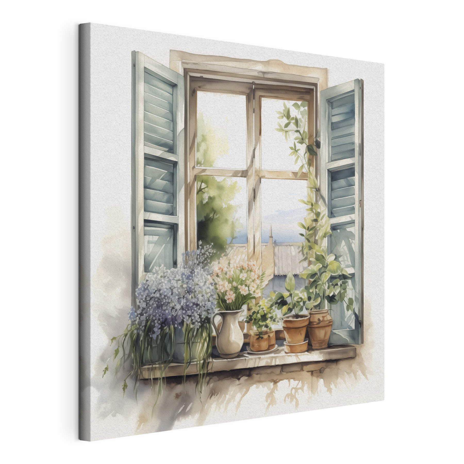 Watercolor painting of a window with potted plants Watercolor painting of a window with potted plants