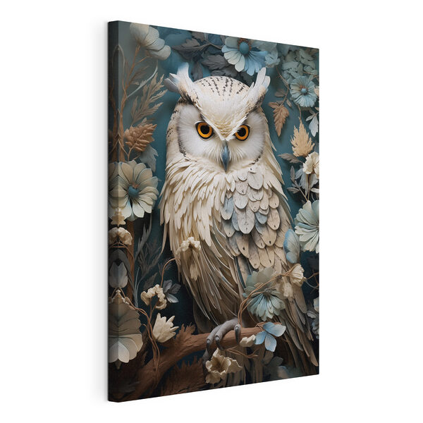 Canvas Schilderijen Witte uil met gele ogen en een blauwe achtergrond met bloemen (Artikelnummer: s42283) Canvas Schilderijen Canvas Schilderijen Witte uil met gele ogen en een blauwe achtergrond met bloemen (Artikelnummer: s42283)