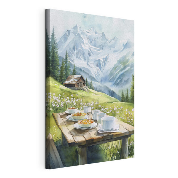 Canvas Schilderijen Tafel met borden eten en kopjes erop met bergen op de achtergrond
