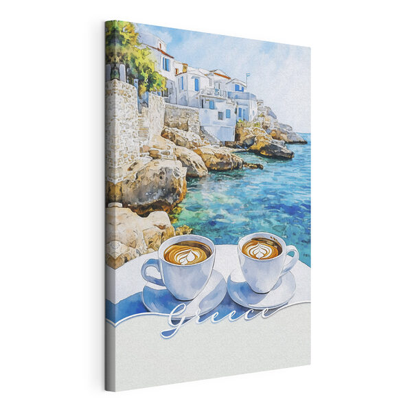Canvas Schilderijen Twee kopjes koffie op een tafel bij het water