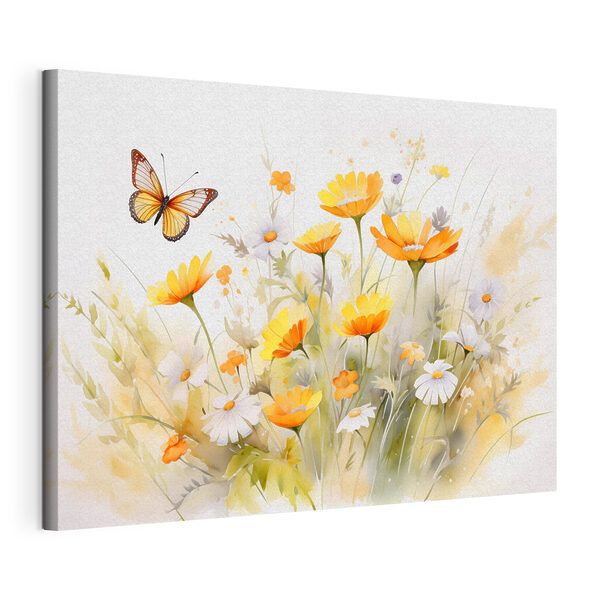 Vlinder vliegend over gele en witte bloemen Canvas Schilderijen Vlinder vliegend over gele en witte bloemen