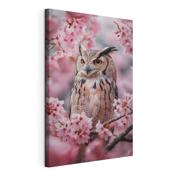 Een uil in een boom met roze bloemen Canvas Schilderijen Een uil in een boom met roze bloemen