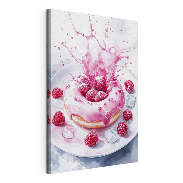 Canvas Schilderijen Donut met roze glazuur en frambozen die op een wit bord spatten (Artikelnummer: s42788) Canvas Schilderijen Canvas Schilderijen Donut met roze glazuur en frambozen die op een wit bord spatten (Artikelnummer: s42788)