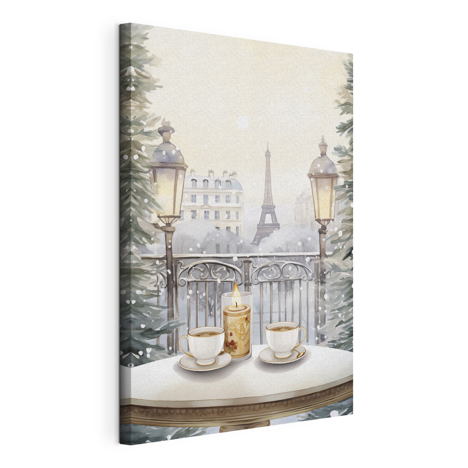 Painting of a tea set on a balcony with a tall tower in the background Painting of a tea set on a balcony with a tall tower in the background