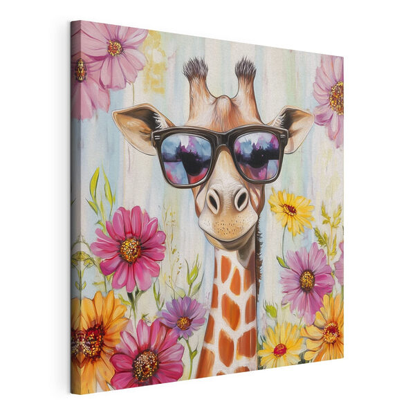 Giraffe met zonnebril en bloemen Canvas Schilderijen Giraffe met zonnebril en bloemen