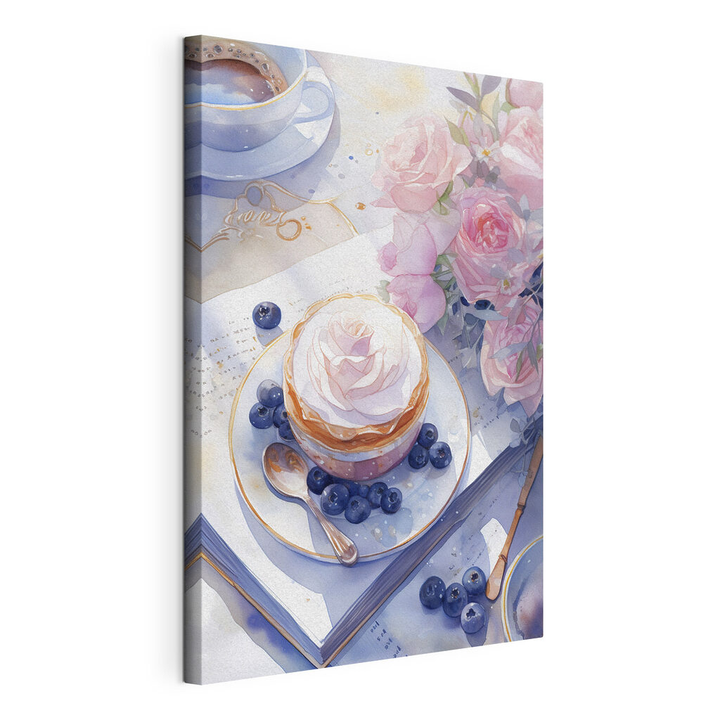 Watercolor painting of a dessert with a rose on top of a plate with blueberries and a spoon Watercolor painting of a dessert with a rose on top of a plate with blueberries and a spoon