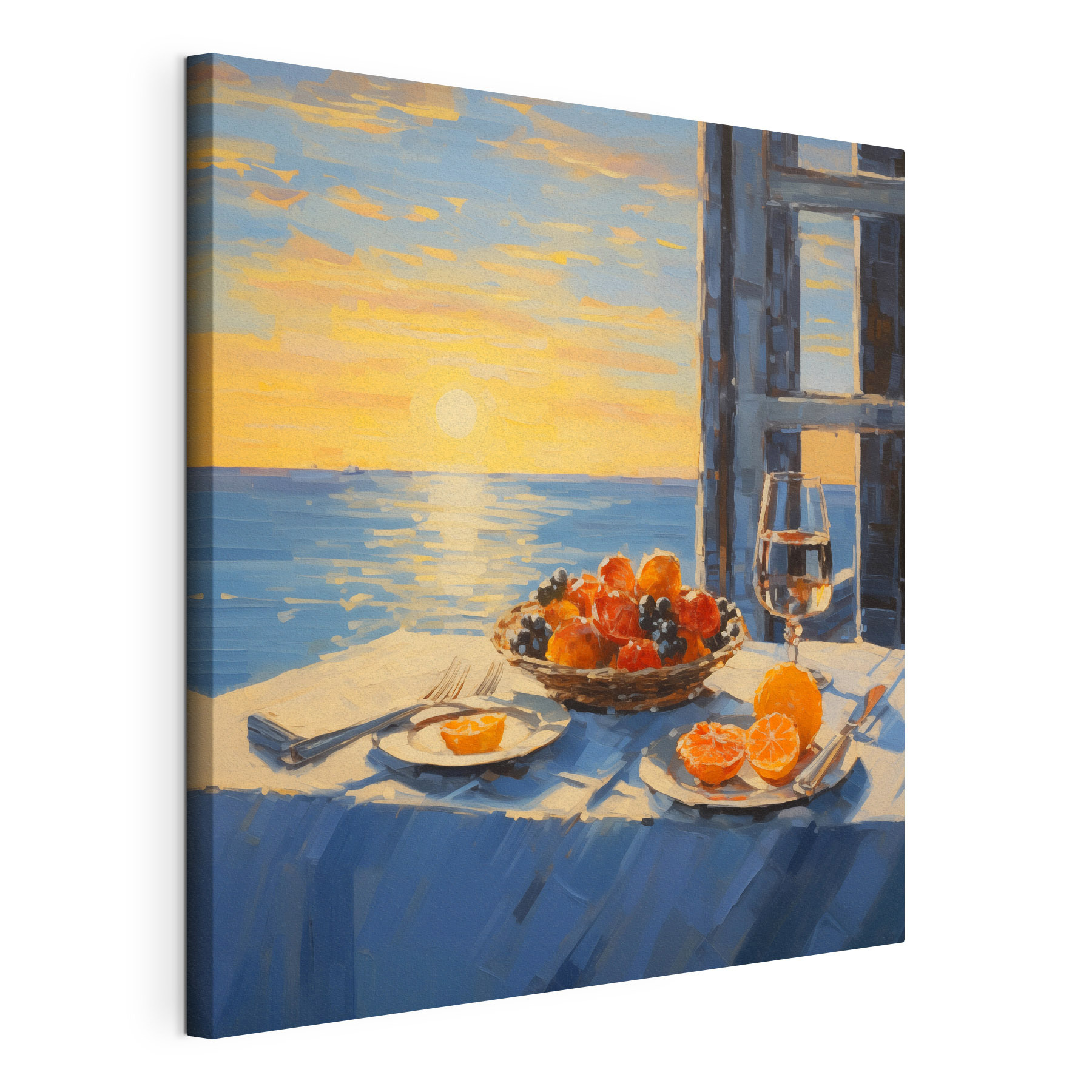 Painting of a basket of fruit on a table with a glass of wine