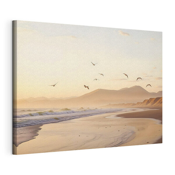 Canvas Schilderijen Vogels vliegen over een strand