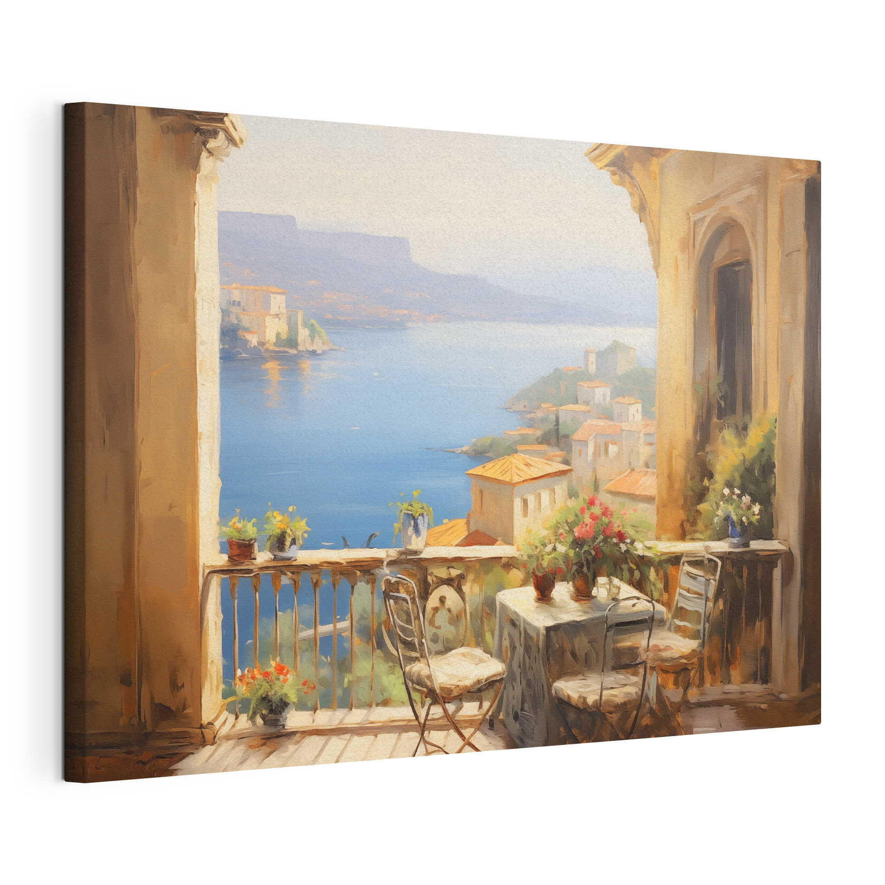 Painting of a balcony overlooking a body of water