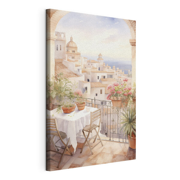 Canvas Schilderijen Aquarel schilderij van een tafel en stoelen op een balkon met uitzicht op een stad (Artikelnummer: s43184) Canvas Schilderijen Canvas Schilderijen Aquarel schilderij van een tafel en stoelen op een balkon met uitzicht op een stad (Artikelnummer: s43184)