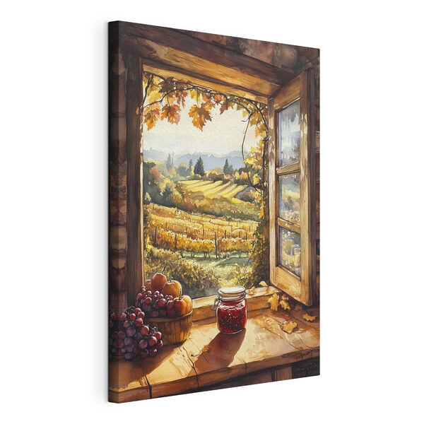 Canvas Schilderijen Raam met uitzicht op een wijngaard en een pot jam (Artikelnummer: s43186) Canvas Schilderijen Canvas Schilderijen Raam met uitzicht op een wijngaard en een pot jam (Artikelnummer: s43186)