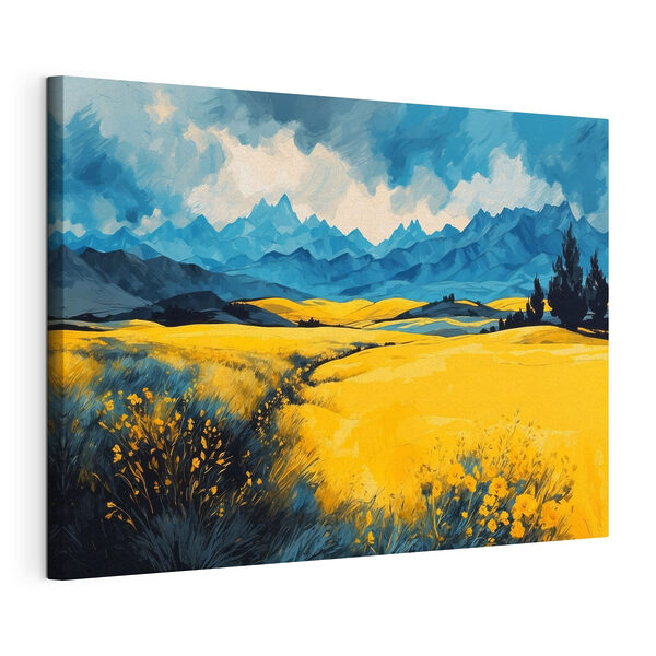 Canvas Schilderijen Geel veld met bergen op de achtergrond (Artikelnummer: s43117) Canvas Schilderijen Canvas Schilderijen Geel veld met bergen op de achtergrond (Artikelnummer: s43117)