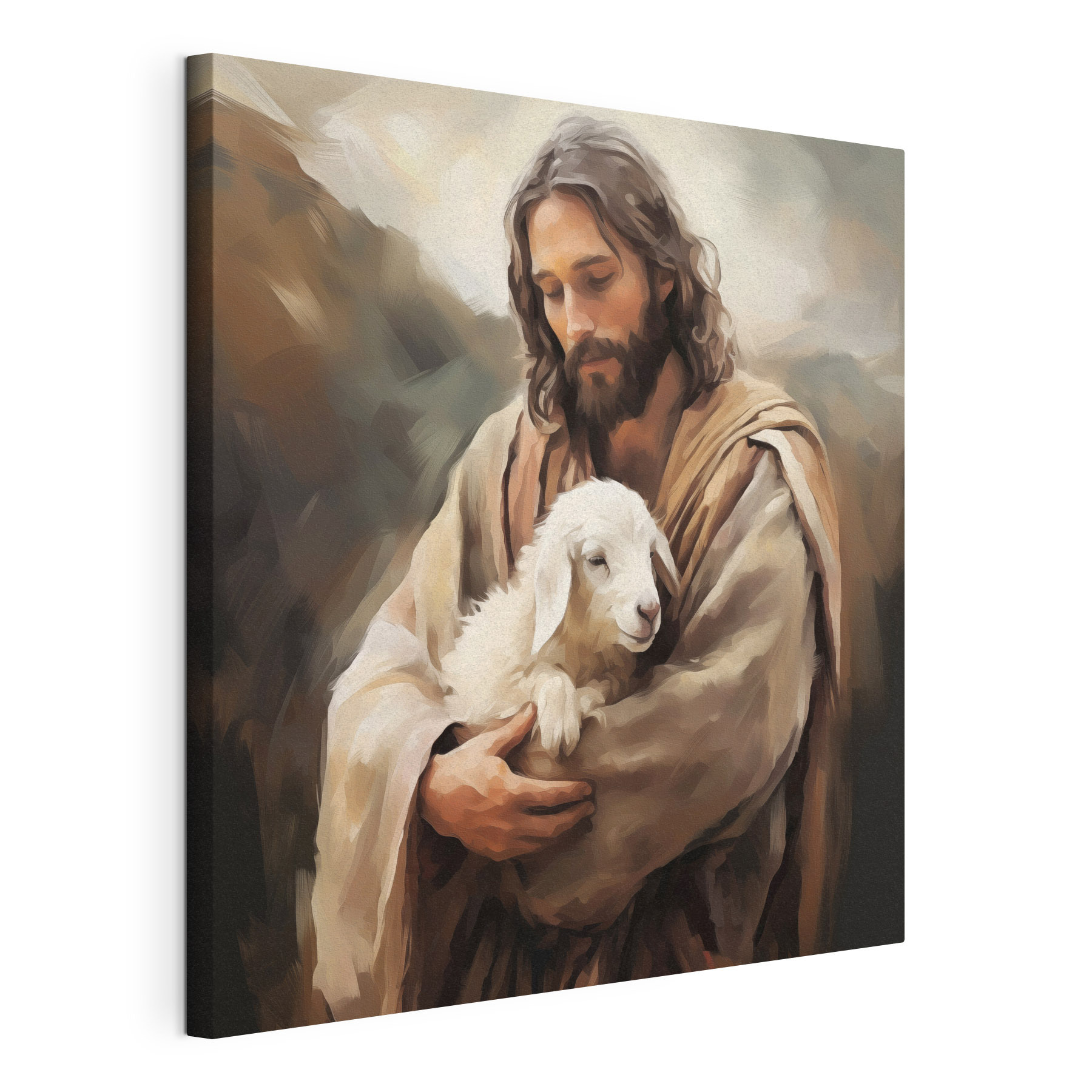 Painting of a man holding a lamb
