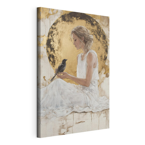 Canvas Schilderijen Canvas Schilderijen Vrouw in een witte jurk met een vogel (Artikelnummer: s43503)
