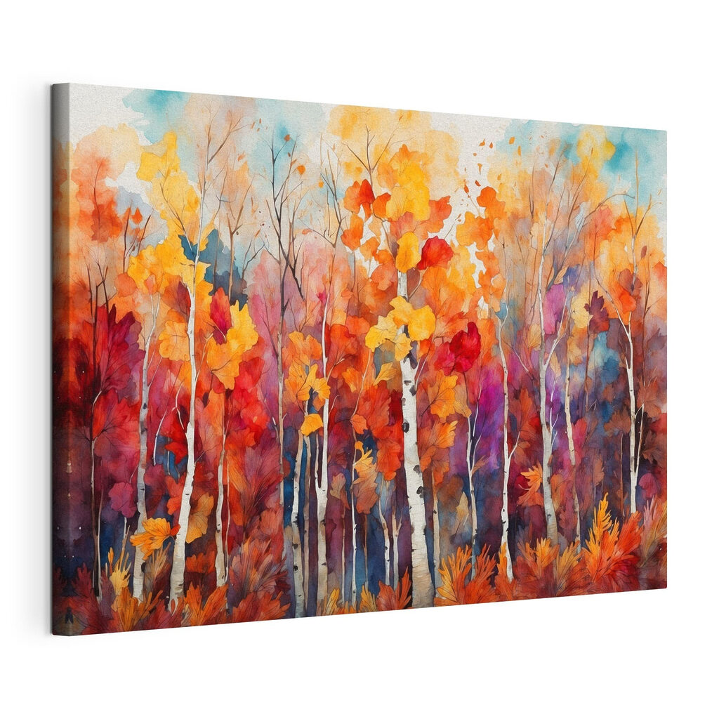 Watercolor painting of trees with orange and purple leaves